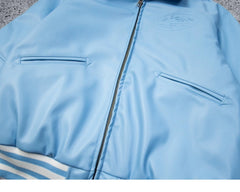 Corteiz Light Blue Faux Leather Embroidered Logo Zip‑Up Jacket