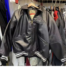 Corteiz Black Faux Leather Embroidered Logo Zip‑Up Jacket
