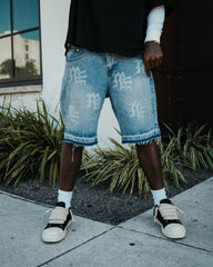 ‘MIXED EMOTION Rhinestone Denim Shorts