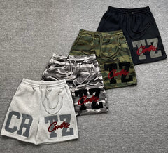 Corteiz camouflage shorts, trendy high street letter embroidery with plush drawstring camouflage shorts, fog