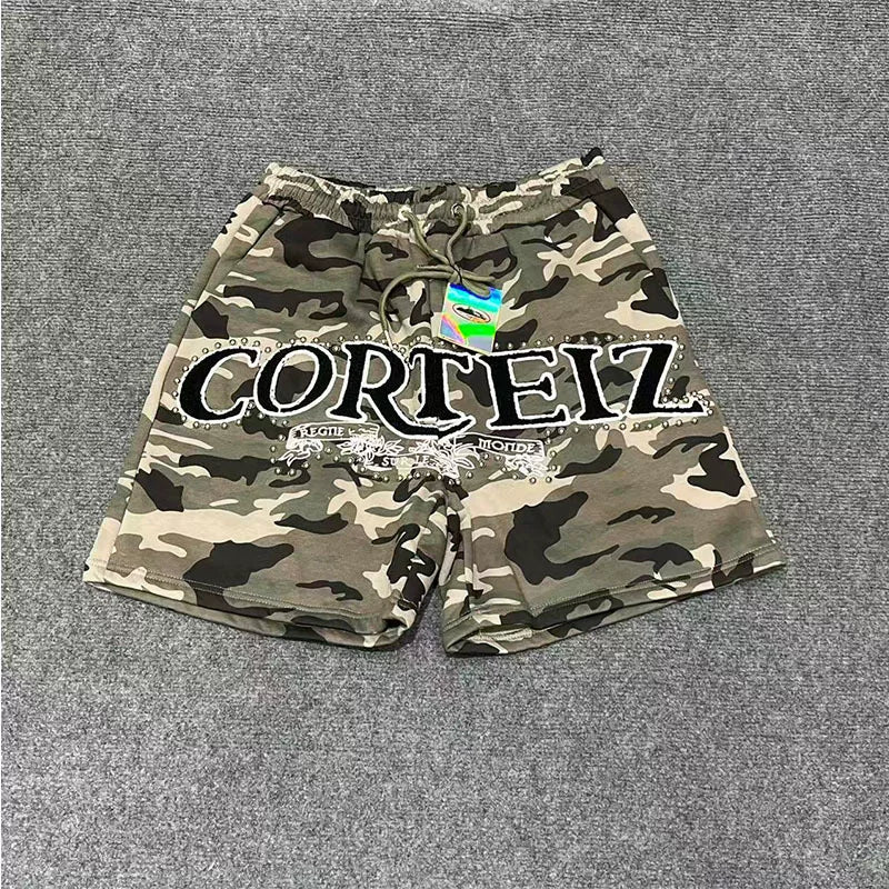 Corteiz American high street fashion brand letter embroidery nail bead sports and leisure pure cotton plus velvet camouflage drawstring shorts (3)