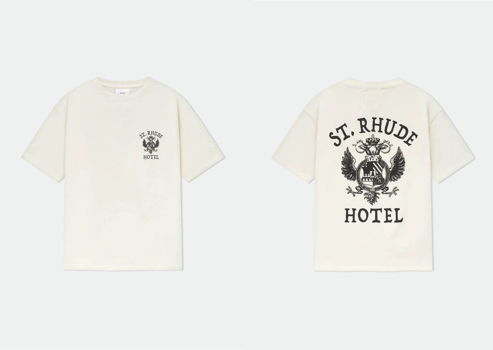 RHUDE letter printed 25S American retro printed short sleeved T-shirt for men and women, loose round neck street pure cotton top (34)