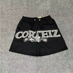 Corteiz American high street fashion brand letter embroidery nail bead sports and leisure pure cotton plus velvet camouflage drawstring shorts (1)