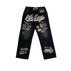 Vale Forever Rhinestone Patchwork Oversized Black Denim Jeans