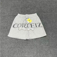 Corteiz American high street fashion brand letter embroidery nail bead sports and leisure pure cotton plus velvet camouflage drawstring shorts (2)