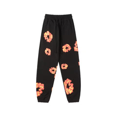 "Denim Tears" Black & Red-Orange Floral Pattern Oversized Sweatpants