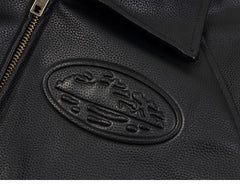 Corteiz Black Faux Leather Embroidered Logo Zip‑Up  Jacket