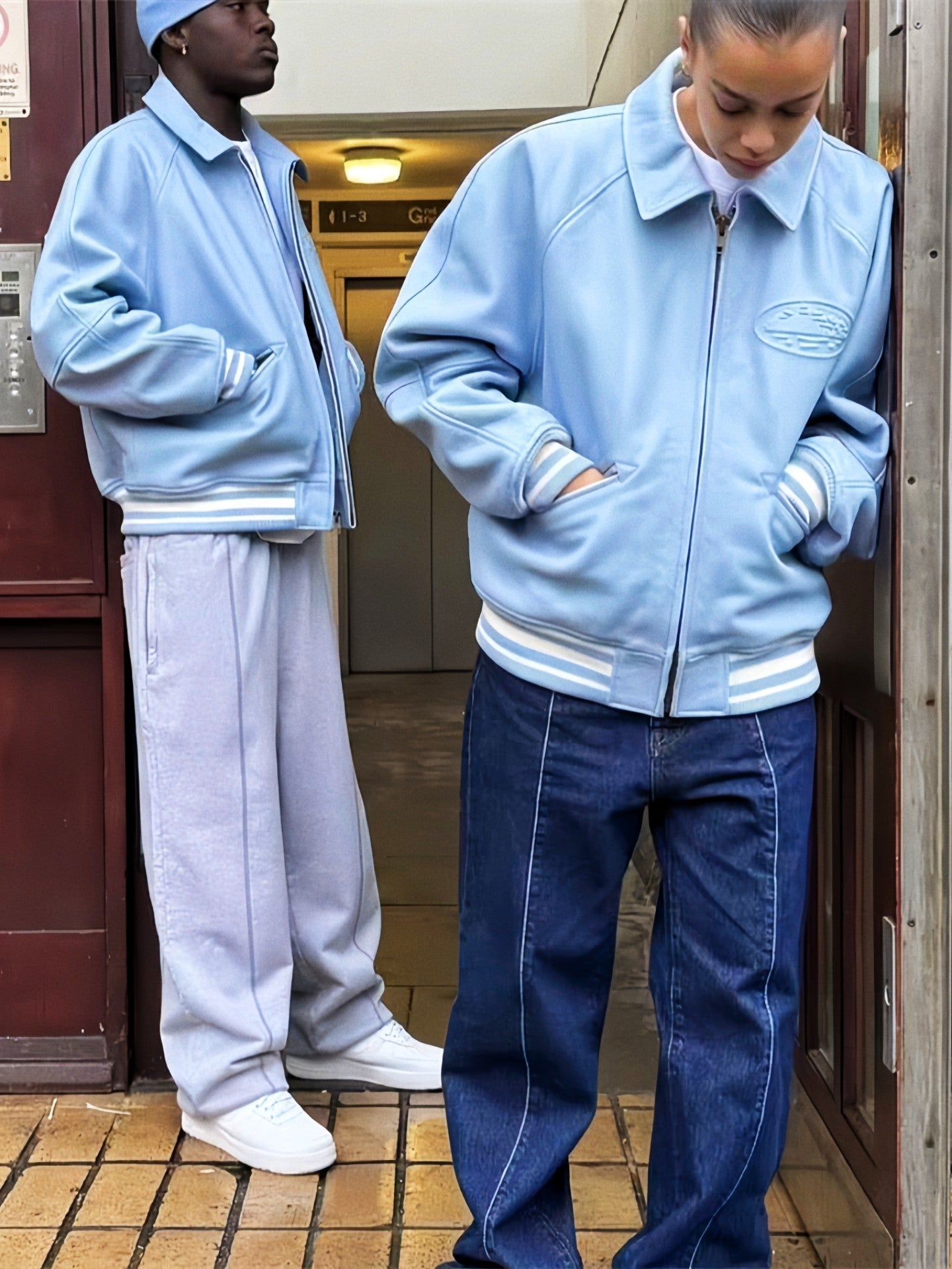 Corteiz Light Blue Faux Leather Embroidered Logo Zip‑Up Jacket