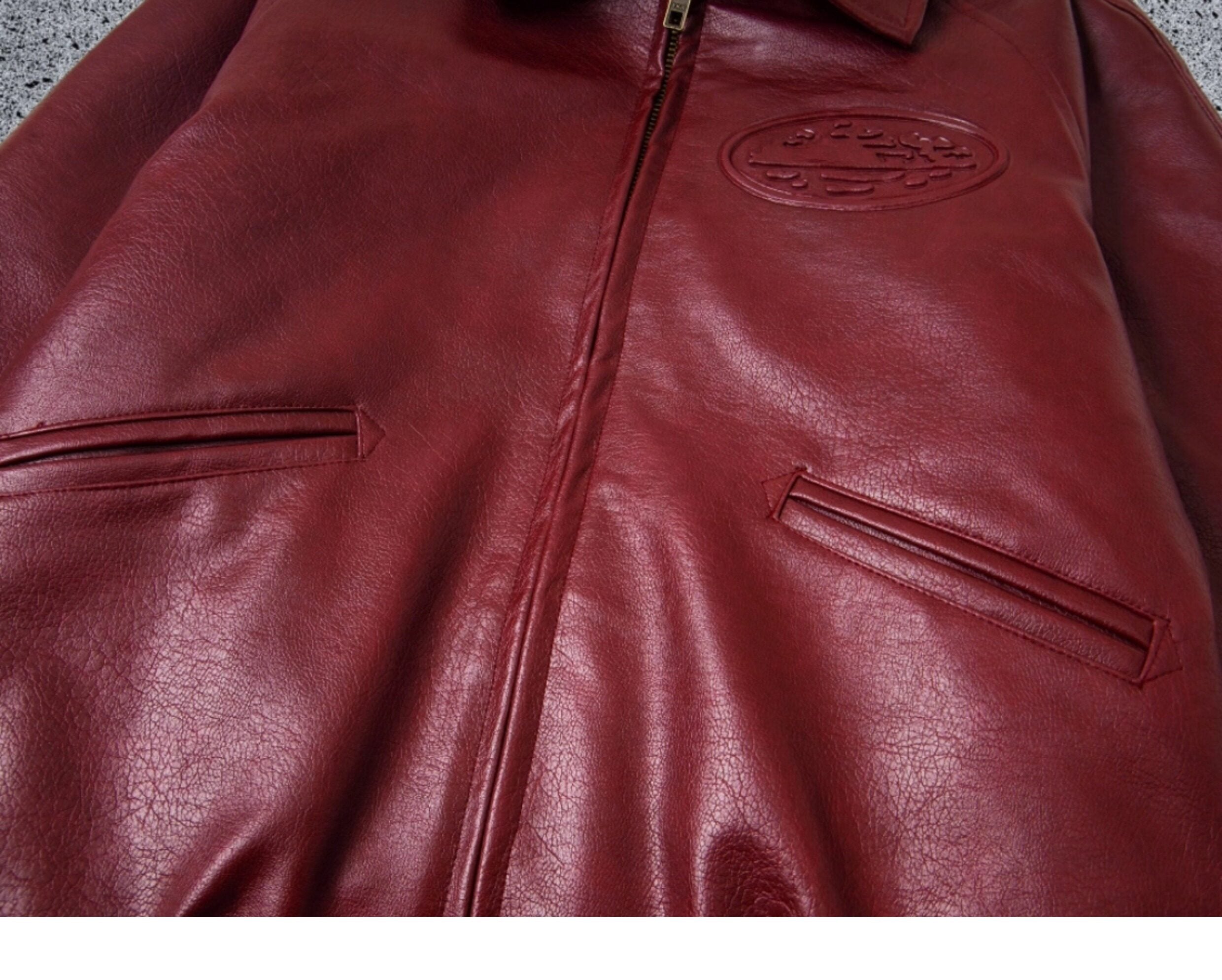 Corteiz Burgundy Faux Leather Embroidered Logo Zip‑Up  Jacket
