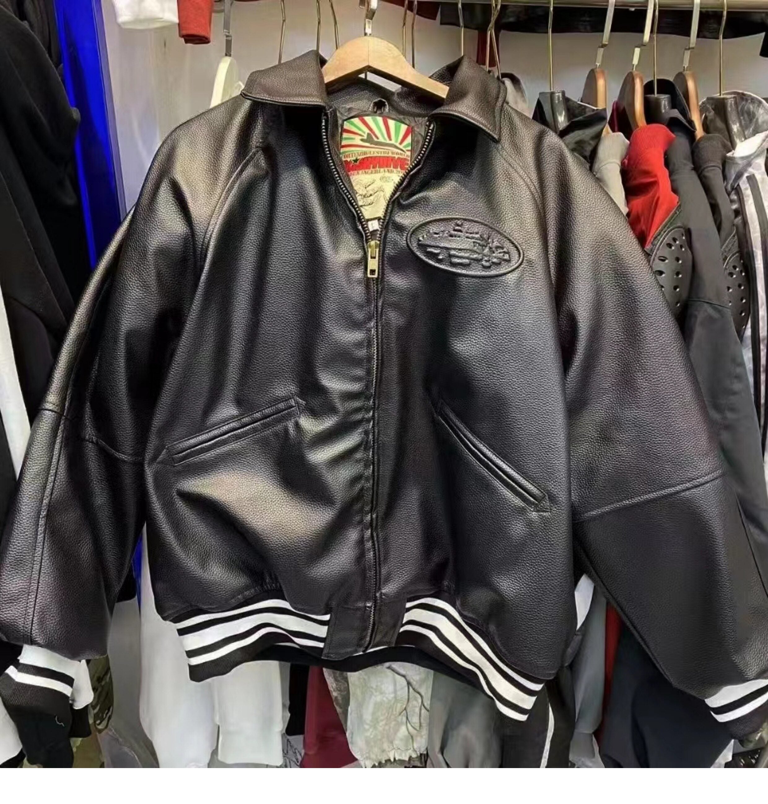 Corteiz Black Faux Leather Embroidered Logo Zip‑Up  Jacket