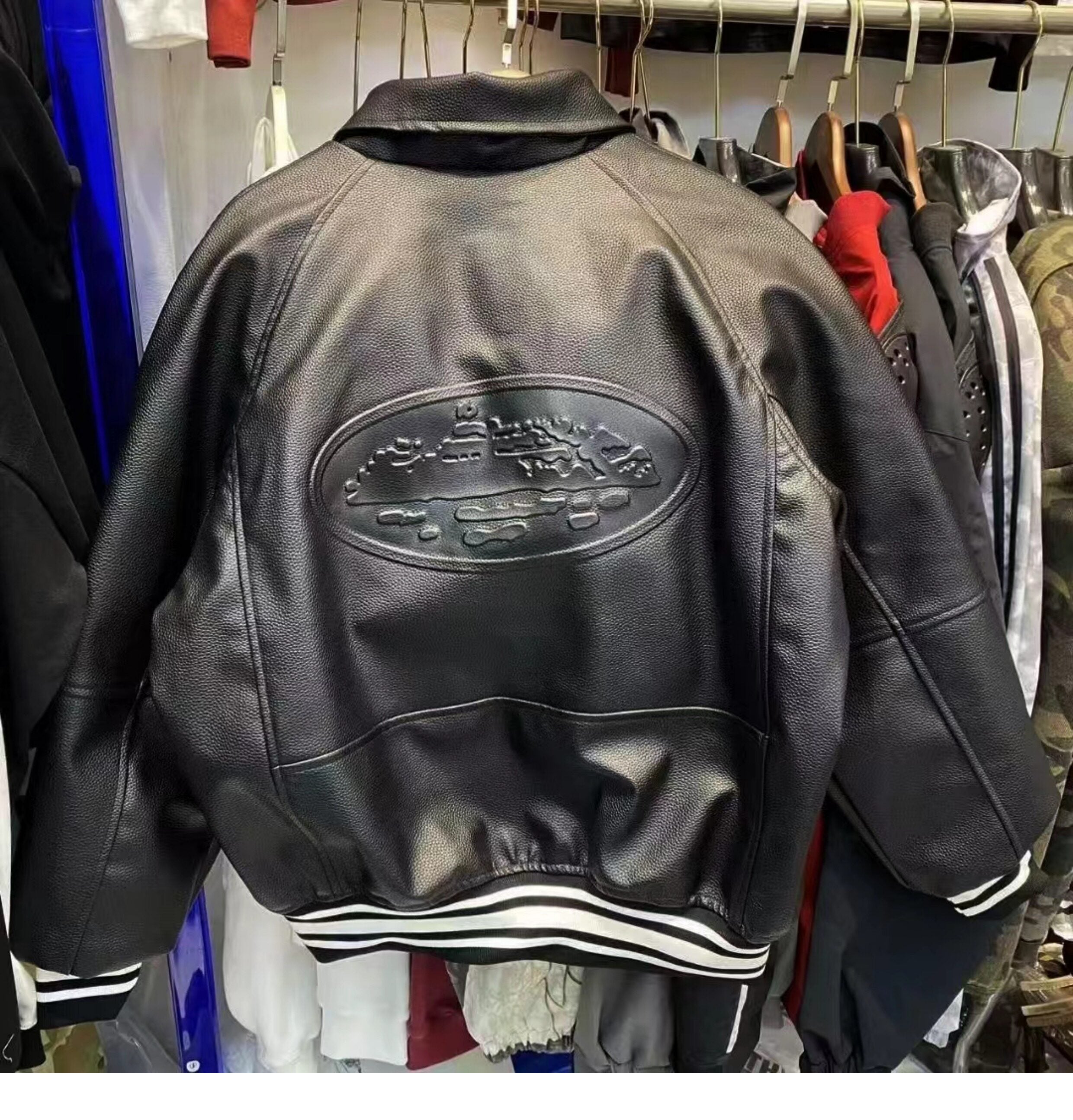 Corteiz Black Faux Leather Embroidered Logo Zip‑Up  Jacket