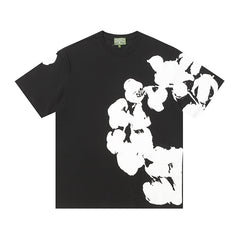 Denim Tears Black Oversized Short Sleeve T-Shirt With Asymmetrical White Floral Print