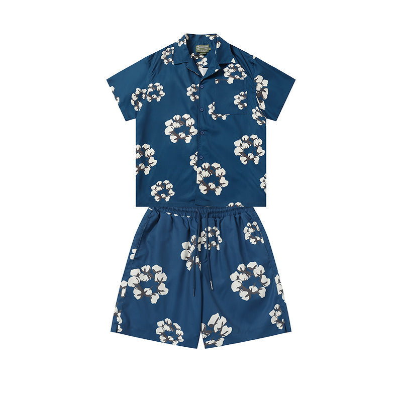 Denim Tears Navy Blue Floral Wreath Print Camp Collar Shirt & Drawstring Shorts