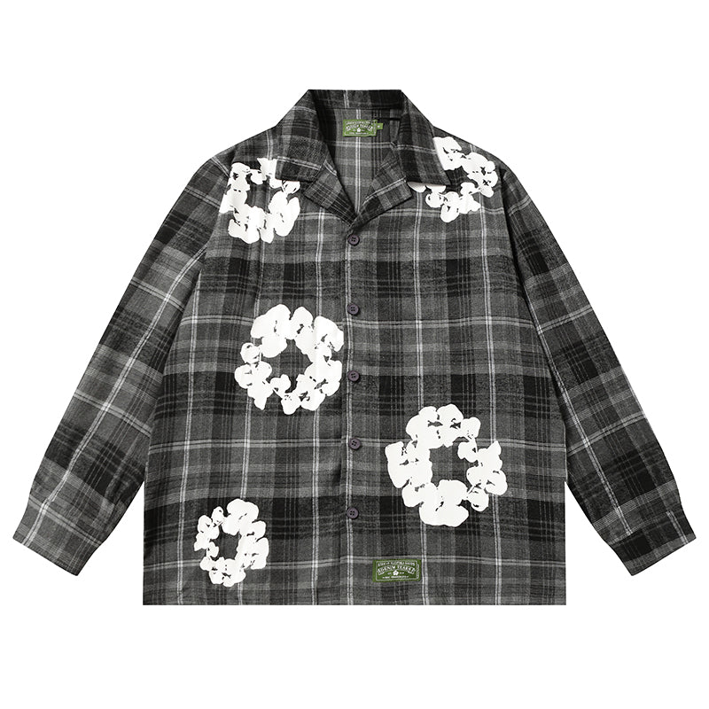 Denim Tears Black and gray checkered white wreath print loose long-sleeve shirt