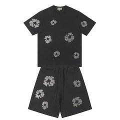 Denim Tears Black Grey Floral Ring Print Crew Neck T-Shirt & Drawstring Shorts