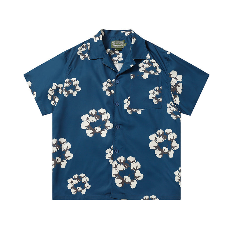 Denim Tears Deep Blue Floral Wreath Print Camp Collar Short Sleeve