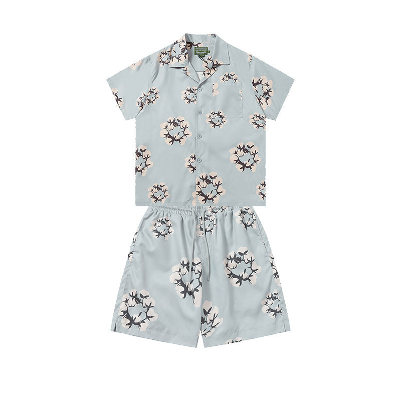 Denim Tears Light Blue Floral Wreath Print Camp Collar Shirt & Drawstring Shorts