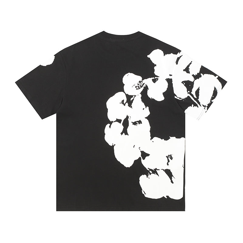 Denim Tears Black Oversized Short Sleeve T-Shirt With Asymmetrical White Floral Print