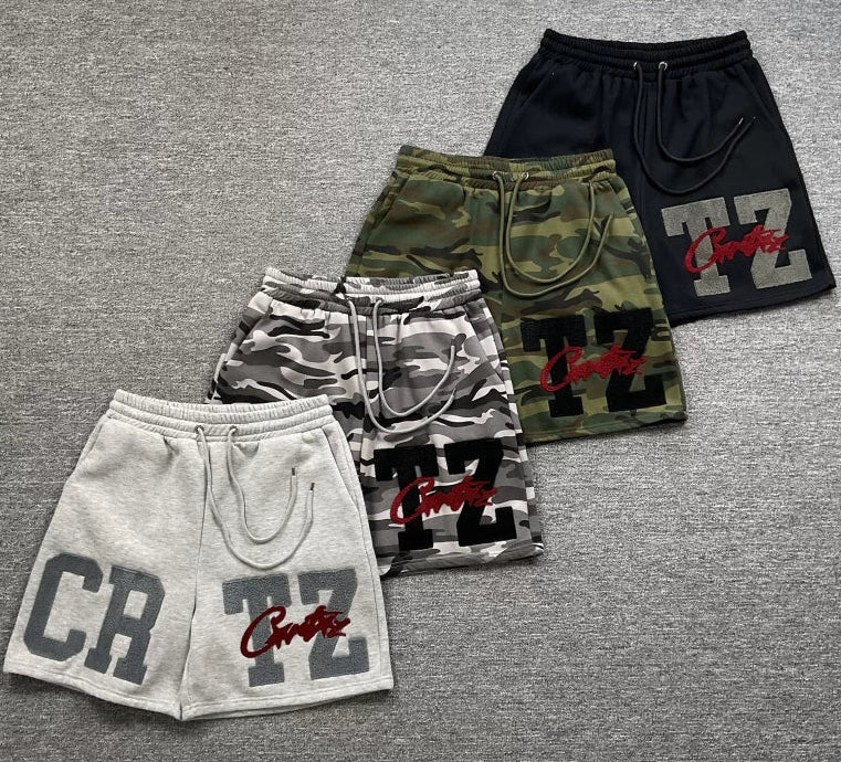 Corteiz camouflage shorts, trendy high street letter embroidery with plush drawstring camouflage shorts, fog