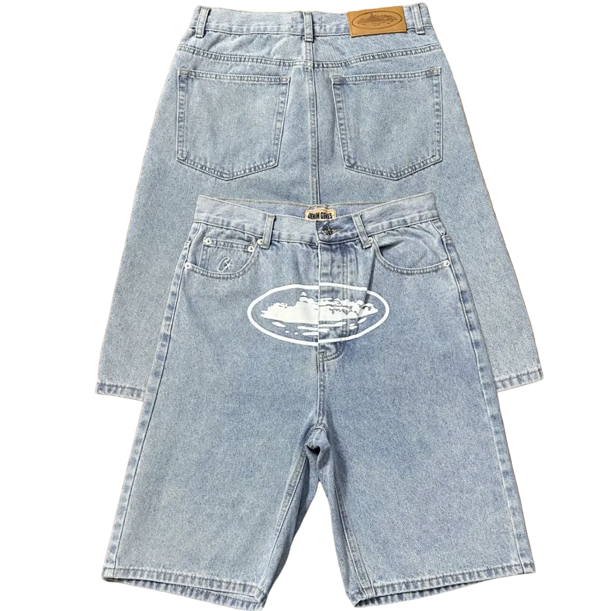 High version Corteiz Devil's Island West Coast denim shorts, kapok flower collaboration, American street six quarter pants trend (2)