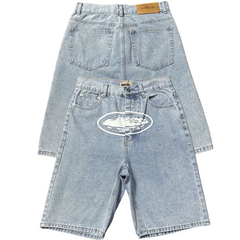 High version Corteiz Devil's Island West Coast denim shorts, kapok flower collaboration, American street six quarter pants trend (2)