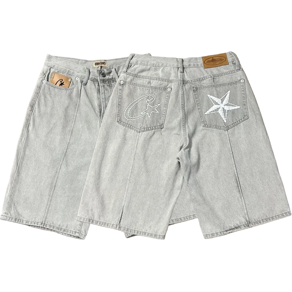High version Corteiz Devil's Island West Coast denim shorts, kapok flower collaboration, American street six quarter pants trend (1)