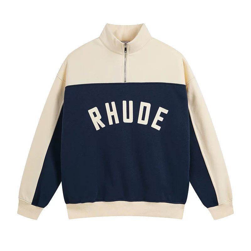 RHUDE American High Street Trendy Brand Retro Sports and Leisure Color Contrasting Design Loose Half Zipper Hoodie with Velvet (4)