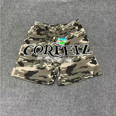 Corteiz American high street fashion brand letter embroidery nail bead sports and leisure pure cotton plus velvet camouflage drawstring shorts (3)