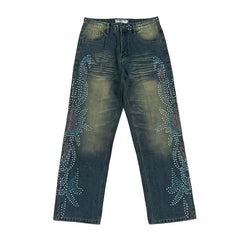 Vale Forever Rhinestone Floral Pattern Oversized Blue Denim Jeans