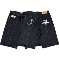 High version Corteiz Devil's Island West Coast denim shorts, kapok flower collaboration, American street six quarter pants trend (1)