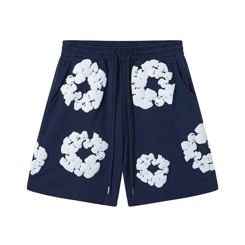 Denim Tears Cotton Wreath Graphic Shorts - Navy Blue / Relaxed Streetwear Fit