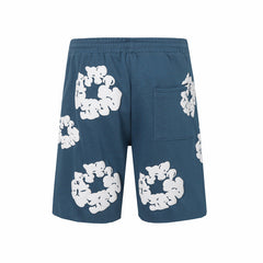 Denim Tears Blue Cotton Sweat Shorts With White Textured Flower Wreath Print