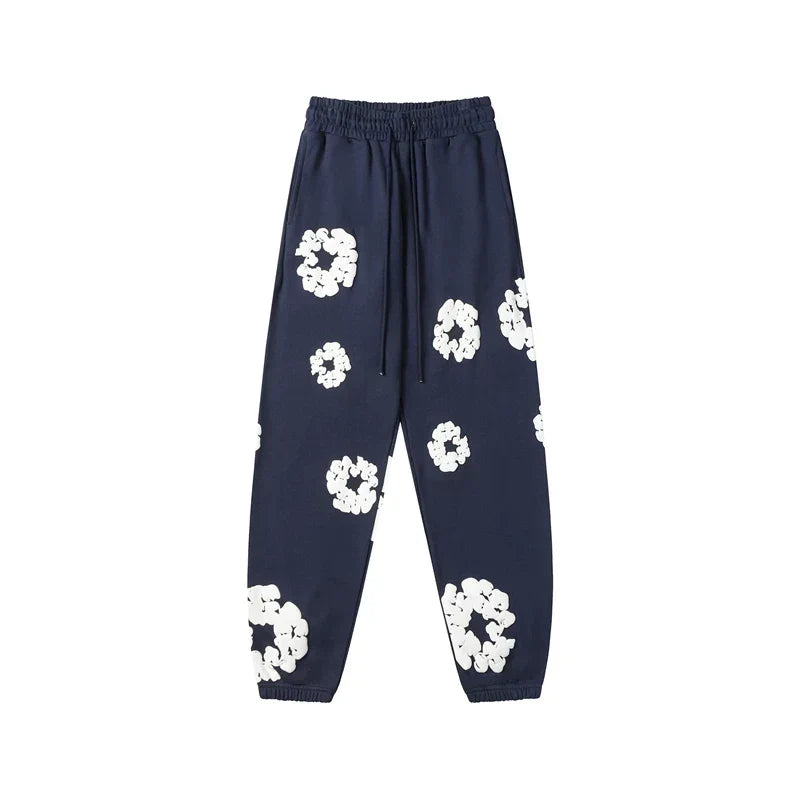 Denim Tears Cotton Wreath Graphic Sweatpants - Navy Blue / Relaxed Streetwear Fit