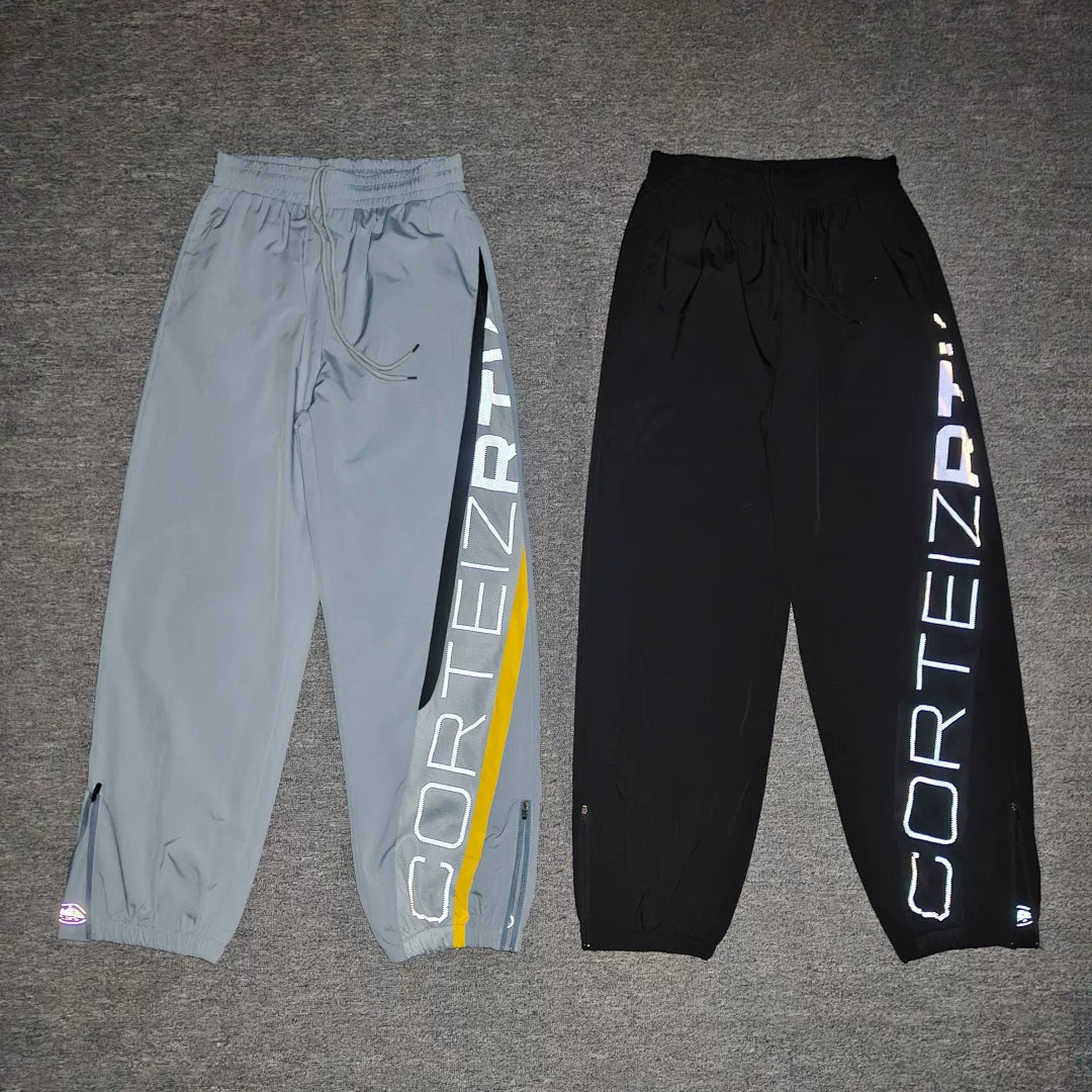 Corteiz trendy high street sports and leisure leggings with patchwork design featuring reflective printed letters and woven pants for men