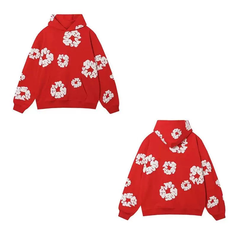 "Denim Tears" Red Floral Pattern Full-Zip Hoodie