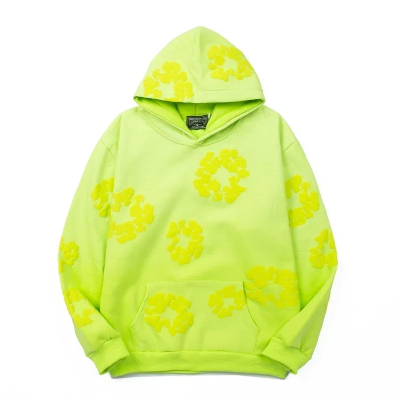 "Denim Tears" Neon Green Floral Pattern Oversized Hoodie
