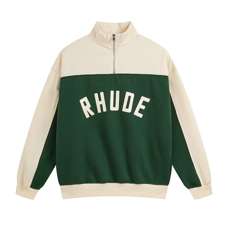 RHUDE American High Street Trendy Brand Retro Sports and Leisure Color Contrasting Design Loose Half Zipper Hoodie with Velvet (2)