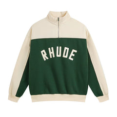 RHUDE American High Street Trendy Brand Retro Sports and Leisure Color Contrasting Design Loose Half Zipper Hoodie with Velvet (2)