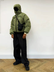 Correct version of CORTEIZ Devil's Island 2025 new splicing short and wide hooded down cotton jacket American hip-hop jacket (1)