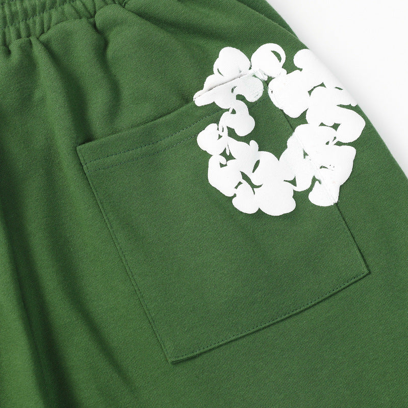 Denim Tears Green Cotton Sweat Shorts With White Textured Flower Wreath Print