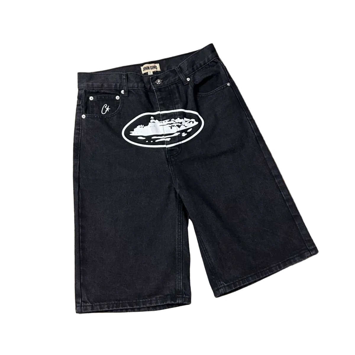 Corteiz Oval Logo Embroidery Baggy Denim Jort Shorts