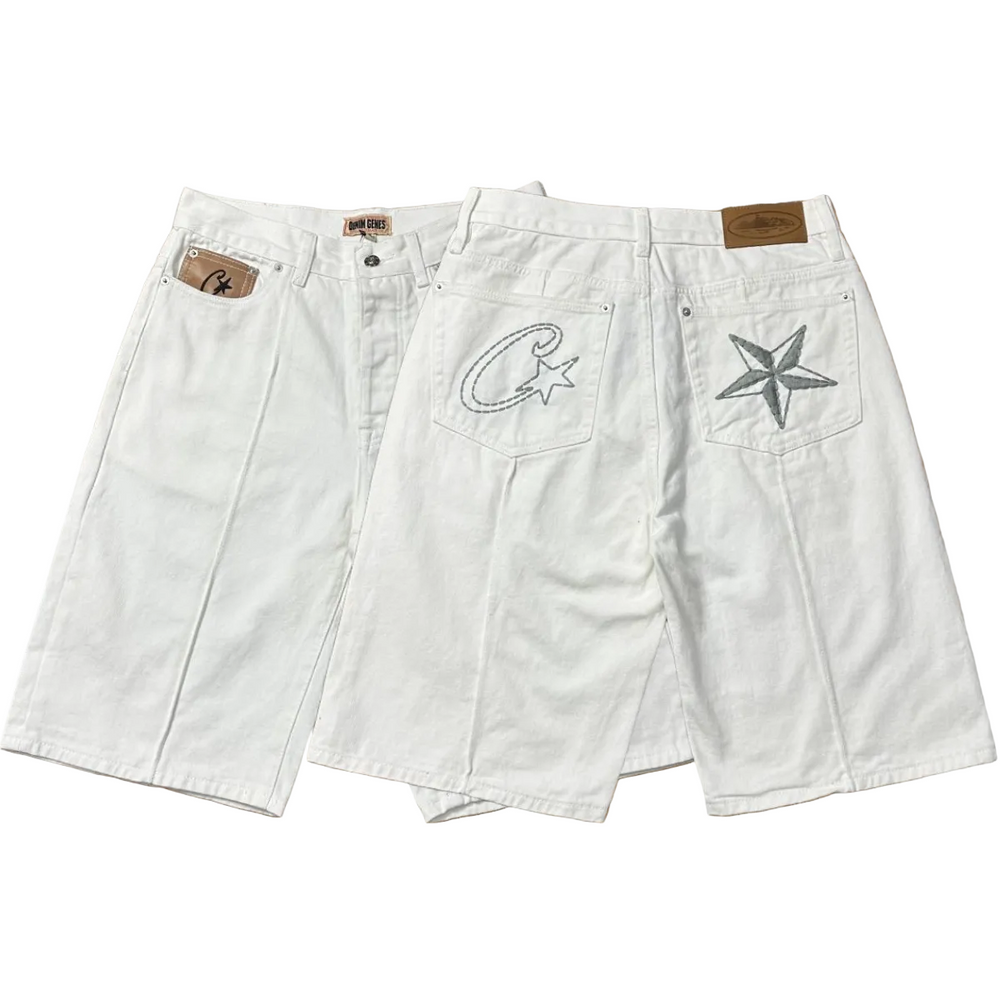High version Corteiz Devil's Island West Coast denim shorts, kapok flower collaboration, American street six quarter pants trend (1)