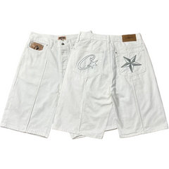 High version Corteiz Devil's Island West Coast denim shorts, kapok flower collaboration, American street six quarter pants trend (1)
