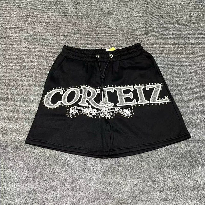 Corteiz American high street fashion brand letter embroidery nail bead sports and leisure pure cotton plus velvet camouflage drawstring shorts (1)