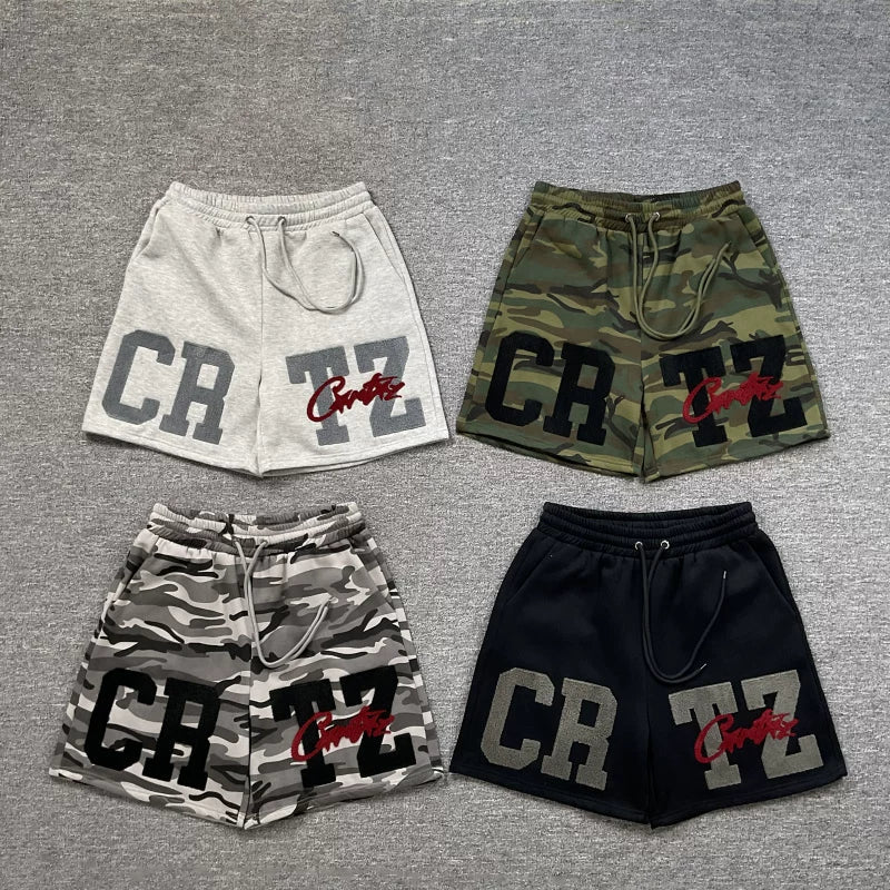 Corteiz camouflage shorts, trendy high street letter embroidery with plush drawstring camouflage shorts, fog