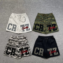 Corteiz camouflage shorts, trendy high street letter embroidery with plush drawstring camouflage shorts, fog