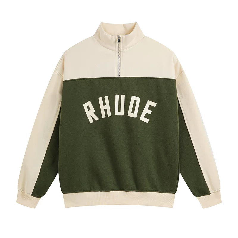 RHUDE American High Street Trendy Brand Retro Sports and Leisure Color Contrasting Design Loose Half Zipper Hoodie with Velvet (1)