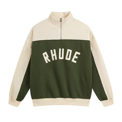 RHUDE American High Street Trendy Brand Retro Sports and Leisure Color Contrasting Design Loose Half Zipper Hoodie with Velvet (1)