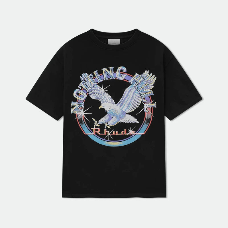 RHUDE letter printed 25S American retro printed short sleeved T-shirt for men and women, loose round neck street pure cotton top (1)
