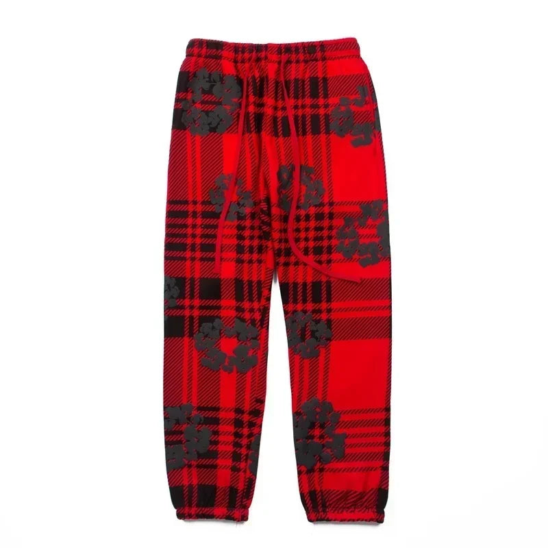 "Denim Tears" Plaid Pattern Oversized Sweatpants (Red)